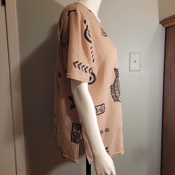 Vtg 80s Vejaiz Crinkle Gauze Shirt Fish Print Shoulder Pads Oversized Boxy Top - Picture 9 of 10